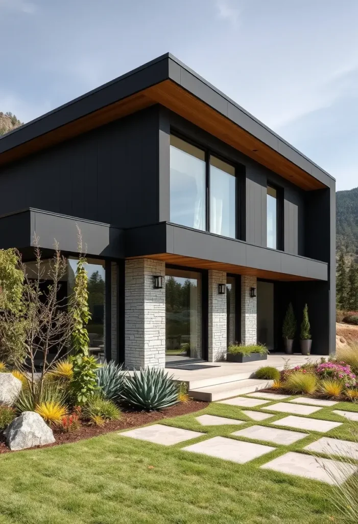 Modern house with black facade, wood accents, stone pillars, large windows, and landscaped garden in a mountain setting.