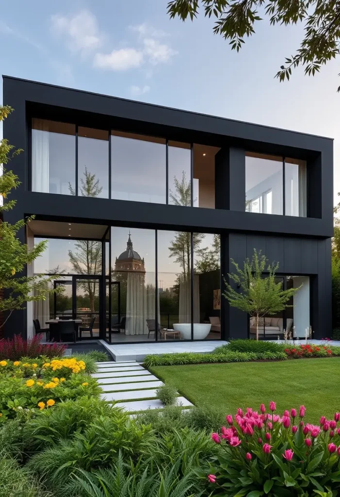 Modern black house with floor-to-ceiling windows, vibrant garden, stepping-stone pathway, and urban views.