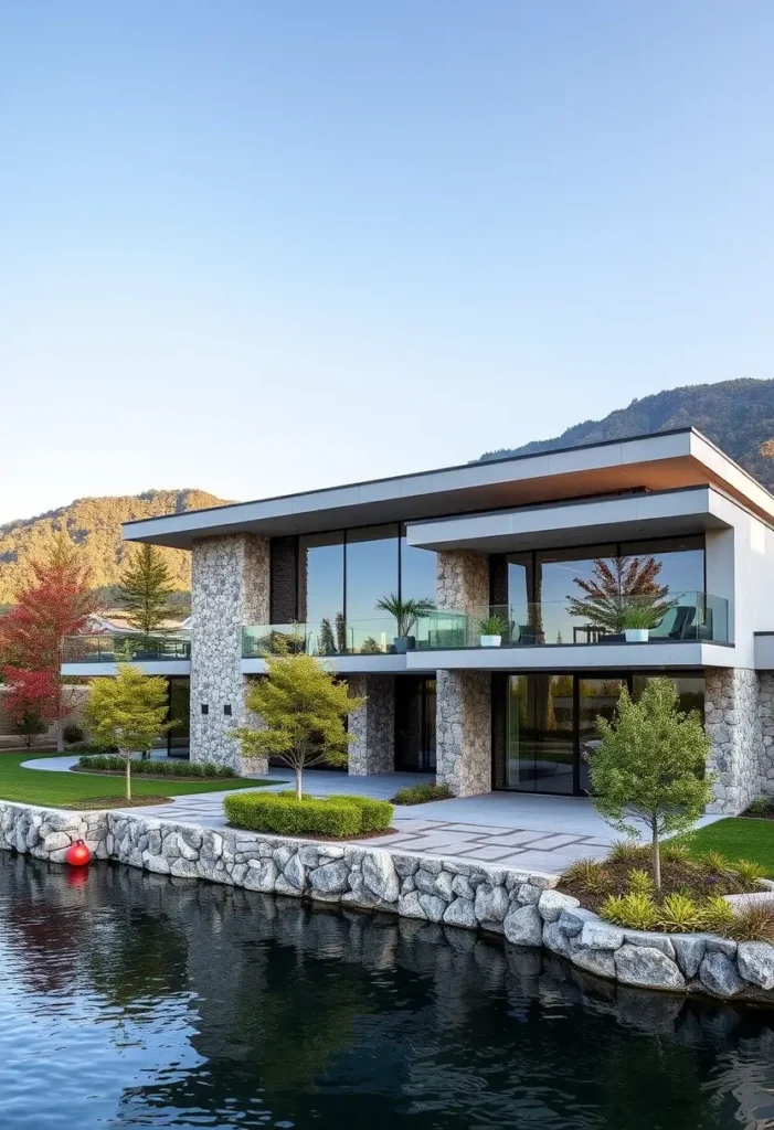 Modern house with stone facade, glass walls, multiple balconies, and lakeside views with mountain backdrop.