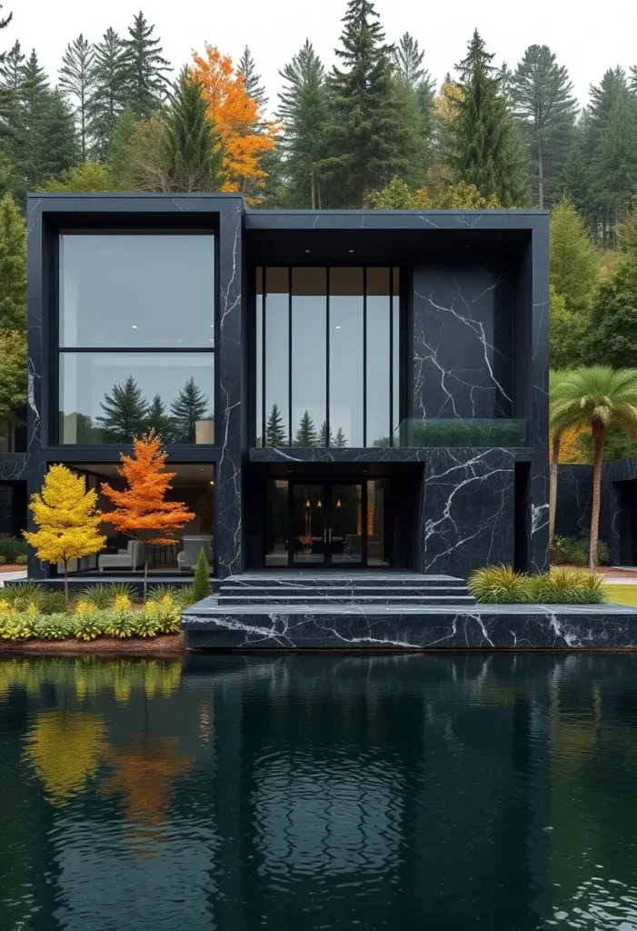 Contemporary black marble house with floor-to-ceiling glass windows, waterfront reflection, and vibrant fall landscaping.