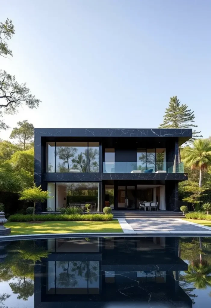 Two-story modern black marble villa with large windows, a landscaped lawn, and a reflective poolside view.