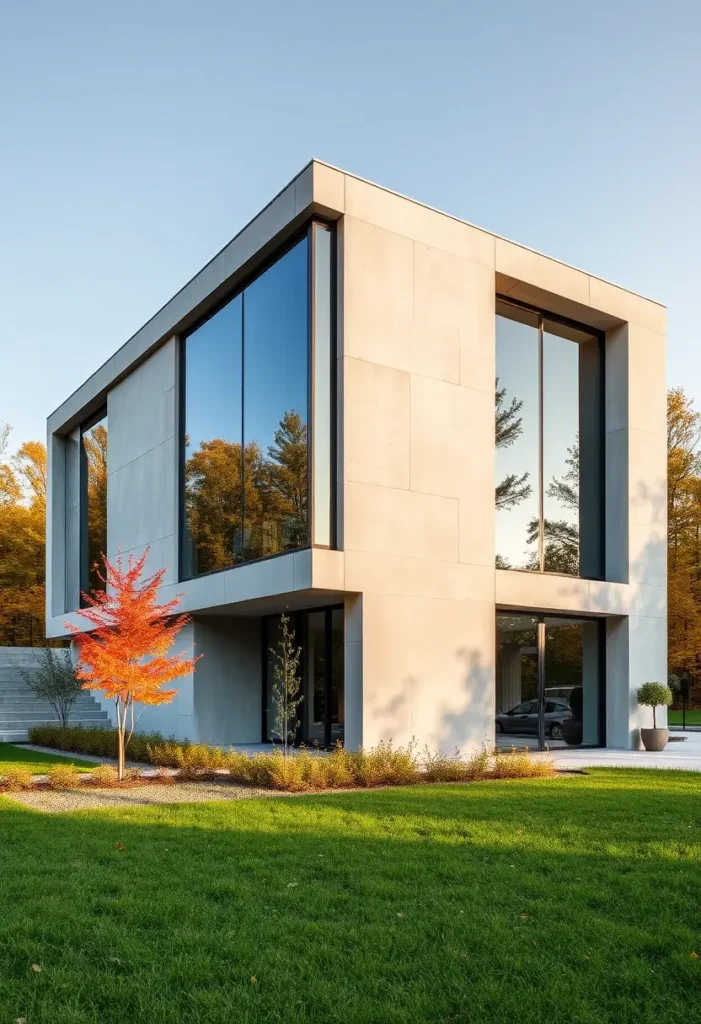 Modern minimalist concrete house with large glass windows, a green lawn, and an orange tree in the foreground.