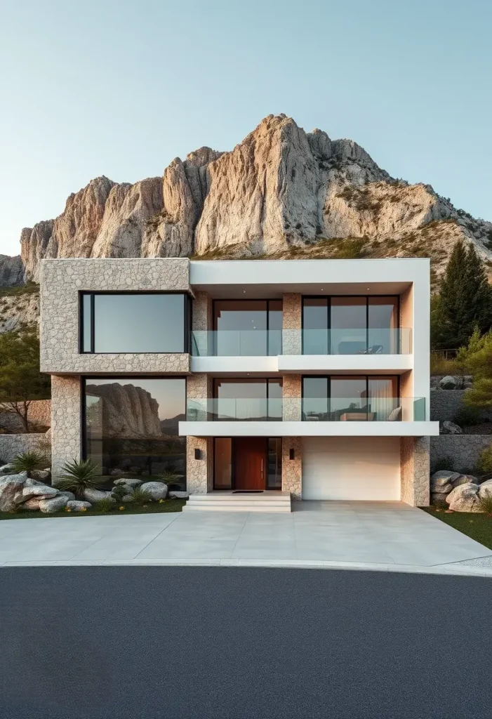 Modern villa with stone cladding, large glass windows, and a mountain backdrop, featuring a sleek driveway and minimal landscaping. Best Modern House Designs