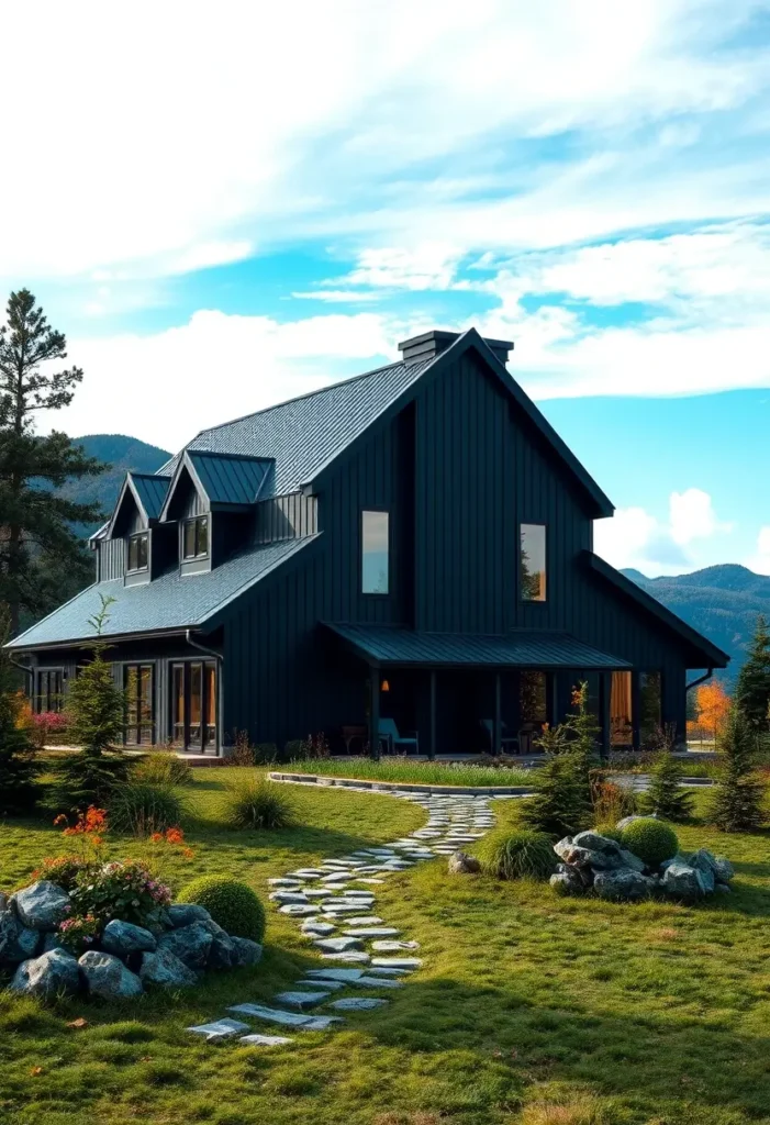 Black farmhouse exterior with modern design and scenic mountain backdrop.