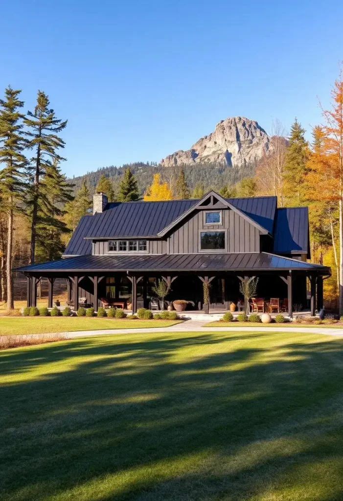 Black farmhouse with wraparound porch, autumn foliage, and mountain views.