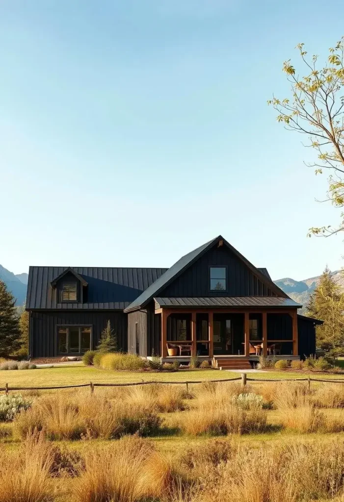 Rustic black farmhouse with wooden accents, meadow landscape, and mountain views.