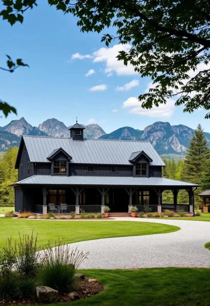 Black farmhouse with wraparound porch, mountain views, and lush green landscaping.