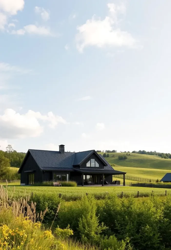 Modern black farmhouse surrounded by lush green fields and rural scenery.