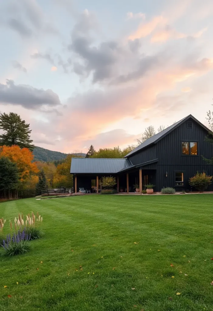 Black farmhouse with wooden accents, lush lawn, and a stunning sunset backdrop.