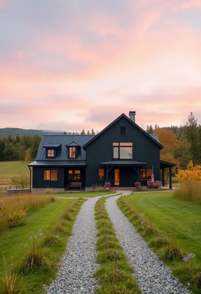 Black farmhouse with gravel driveway, sunset skies, and vibrant countryside landscape.