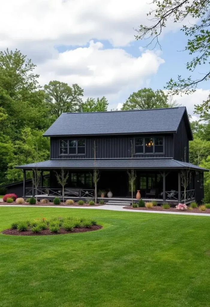 Black farmhouse with wraparound porch, manicured lawn, and vibrant landscaping.