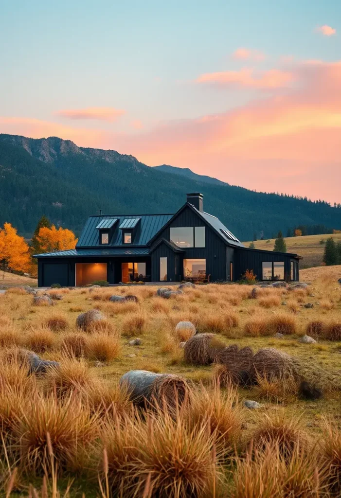 Black farmhouse surrounded by golden prairie, mountains, and autumn colors at sunset.