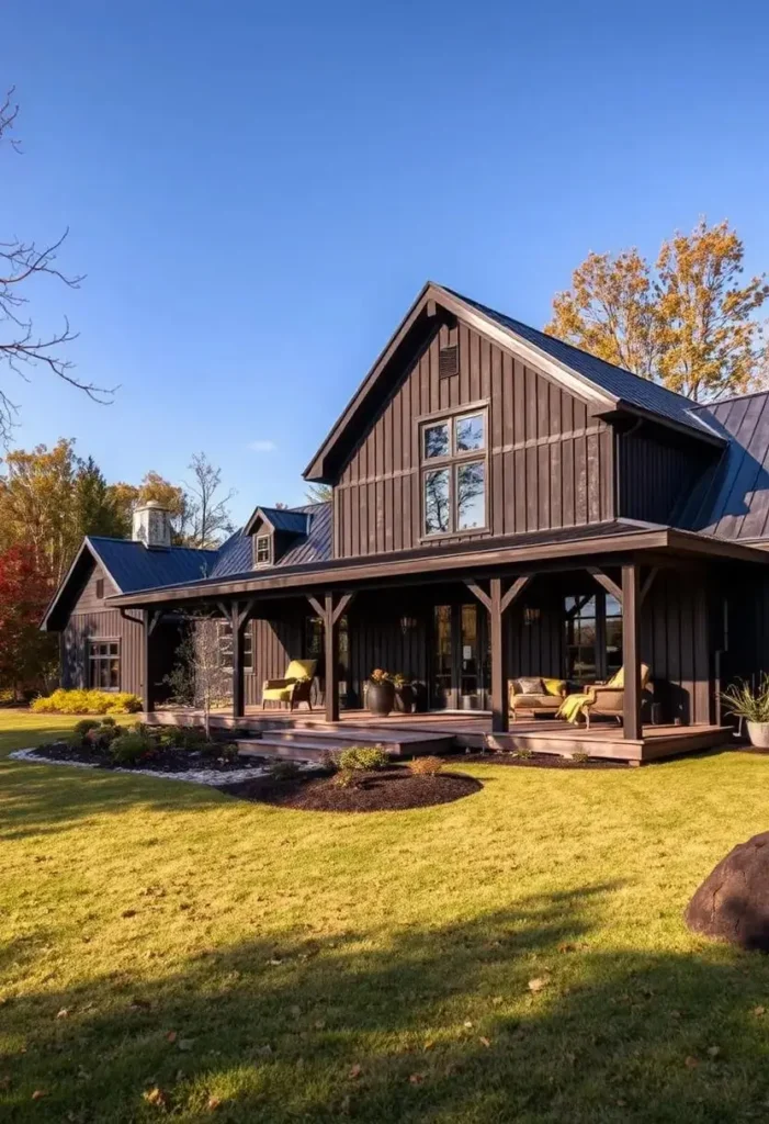 Black farmhouse with a cozy porch, vibrant seating, and lush autumn surroundings.