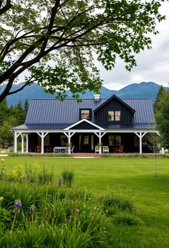 Black farmhouse with white accents, lush lawn, and mountain backdrop.