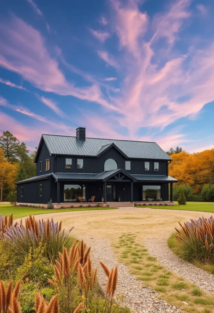 Black farmhouse with a gravel driveway, pink sunset sky, and autumn foliage.