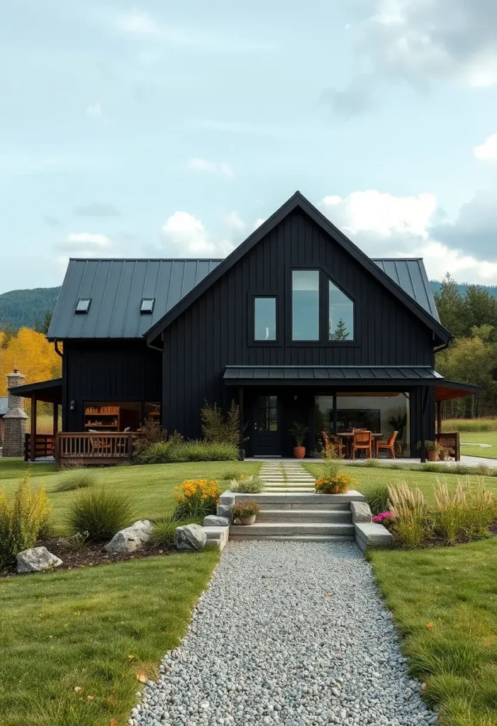 Modern black farmhouse with gravel pathway, lush garden, and outdoor seating areas.