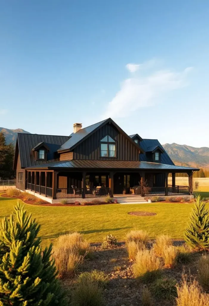 Black farmhouse with wraparound porch, golden sunlight, and mountain backdrop.