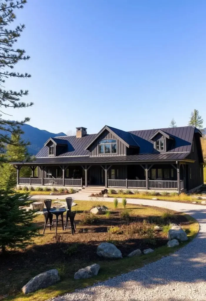 Black farmhouse with wraparound porch, outdoor dining area, and mountain backdrop.