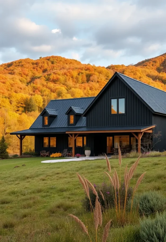 Black farmhouse with autumn hills, warm wooden accents, and lush greenery.