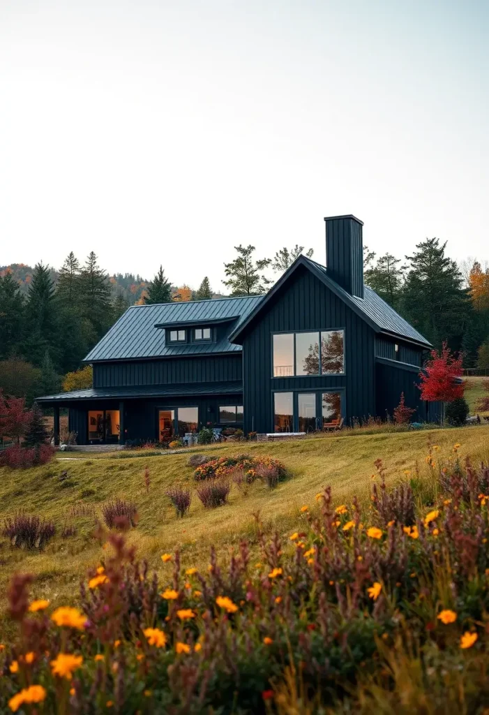 Black farmhouse with large windows, colorful meadow, and forested backdrop.