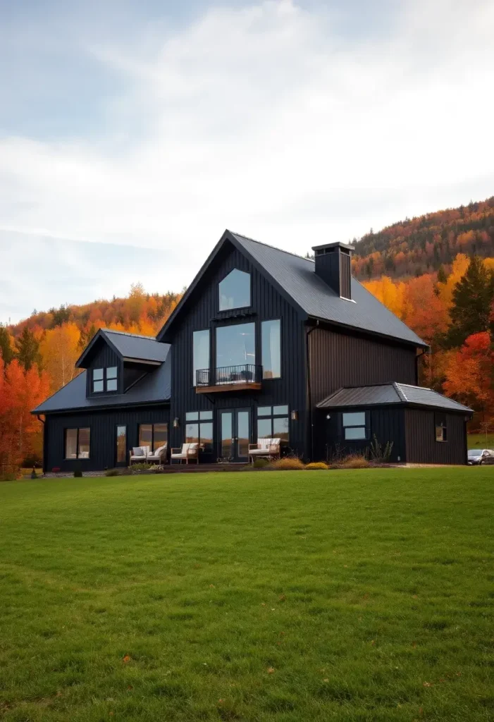 Black farmhouse with large windows, autumn foliage, and a spacious lawn.