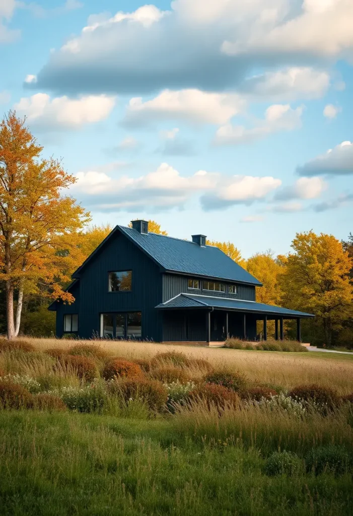 Black farmhouse surrounded by autumn trees, golden meadows, and a wraparound porch.