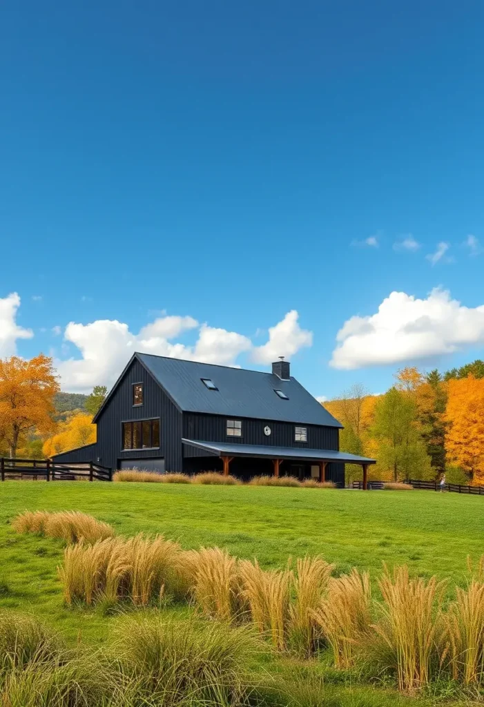 Black farmhouse in a lush meadow with autumn trees and a clear blue sky.