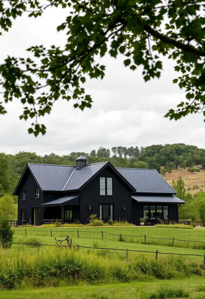 Black farmhouse with minimalist design, lush greenery, and a serene countryside backdrop.