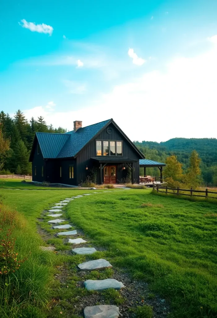 Black farmhouse with stone pathway, green fields, and surrounding hills.