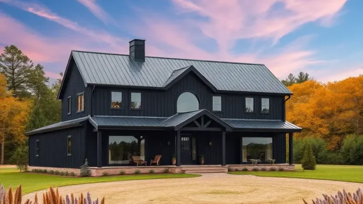 Black farmhouse with a gravel driveway, pink sunset sky, and autumn foliage.