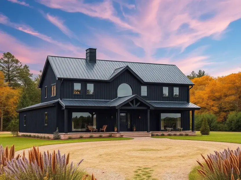 Black farmhouse with a gravel driveway, pink sunset sky, and autumn foliage.