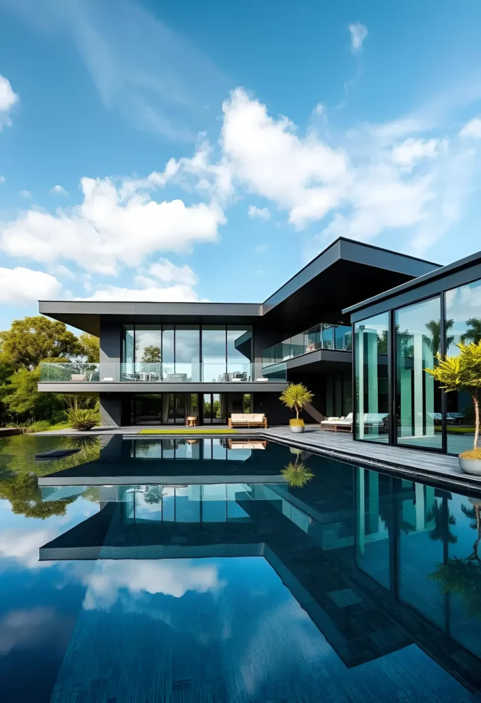 Modern black house with geometric lines, expansive glass walls, and a reflective pool surrounded by lush greenery.