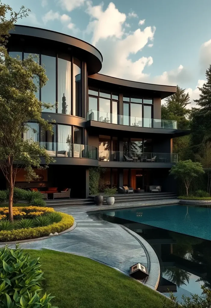 Elegant black modern house with curved design, large glass panels, lush landscaping, and a serene pool for a tranquil setting.