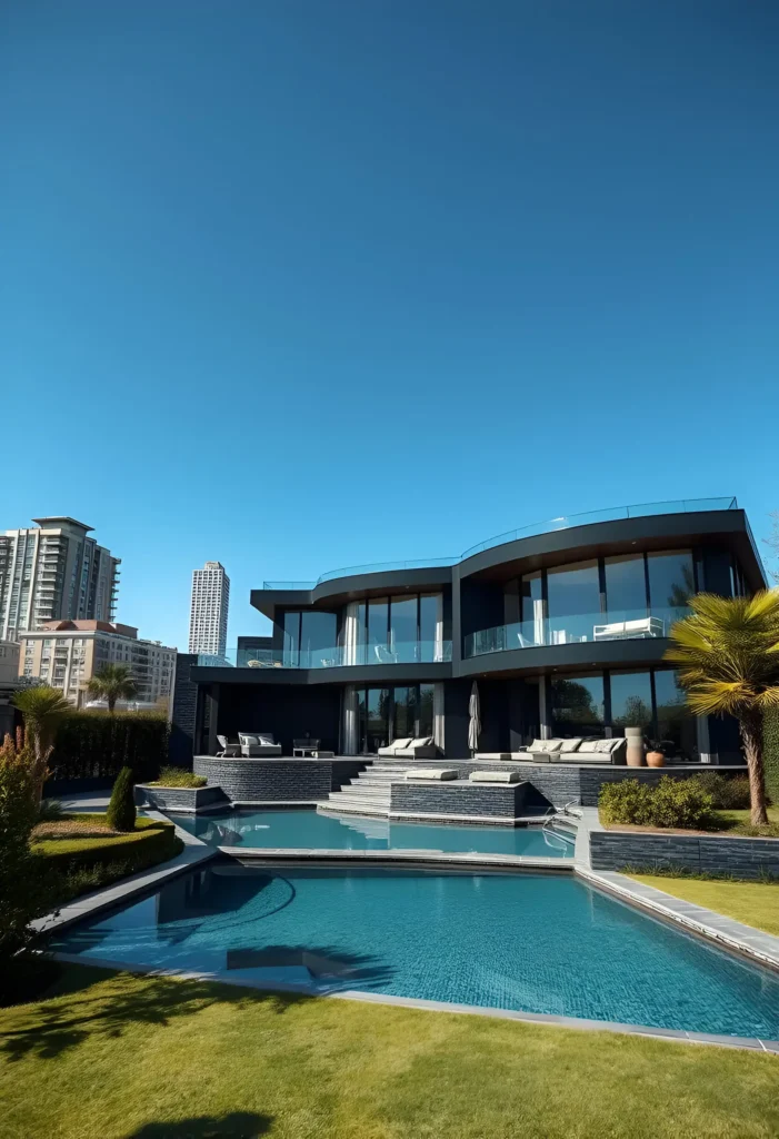 Modern black house with sculpted facade, glass balconies, and a tiered pool in an urban setting.