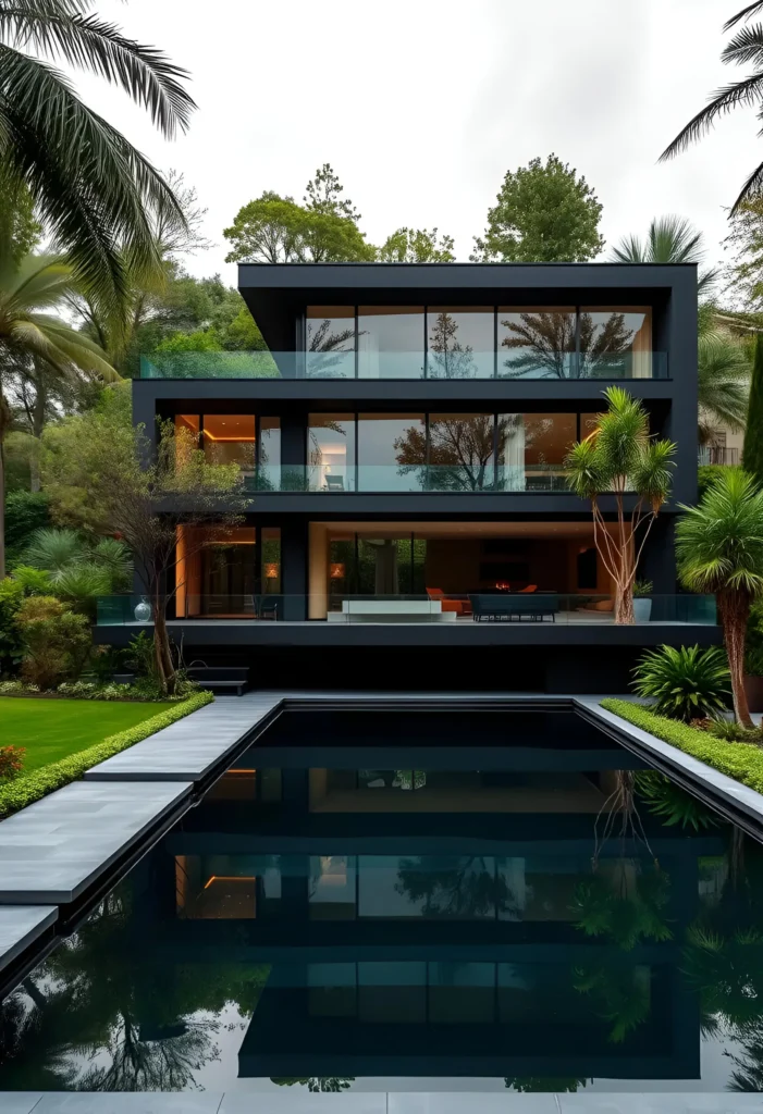 Black modern house surrounded by lush greenery, featuring glass panels, a sleek pool, and manicured lawns.