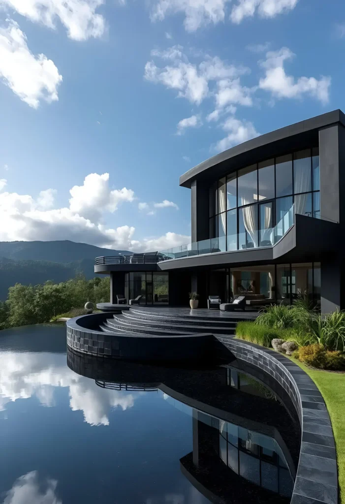 Black modern house with a curved façade, tiered stone patio, infinity pool, and floor-to-ceiling windows overlooking natural landscapes.