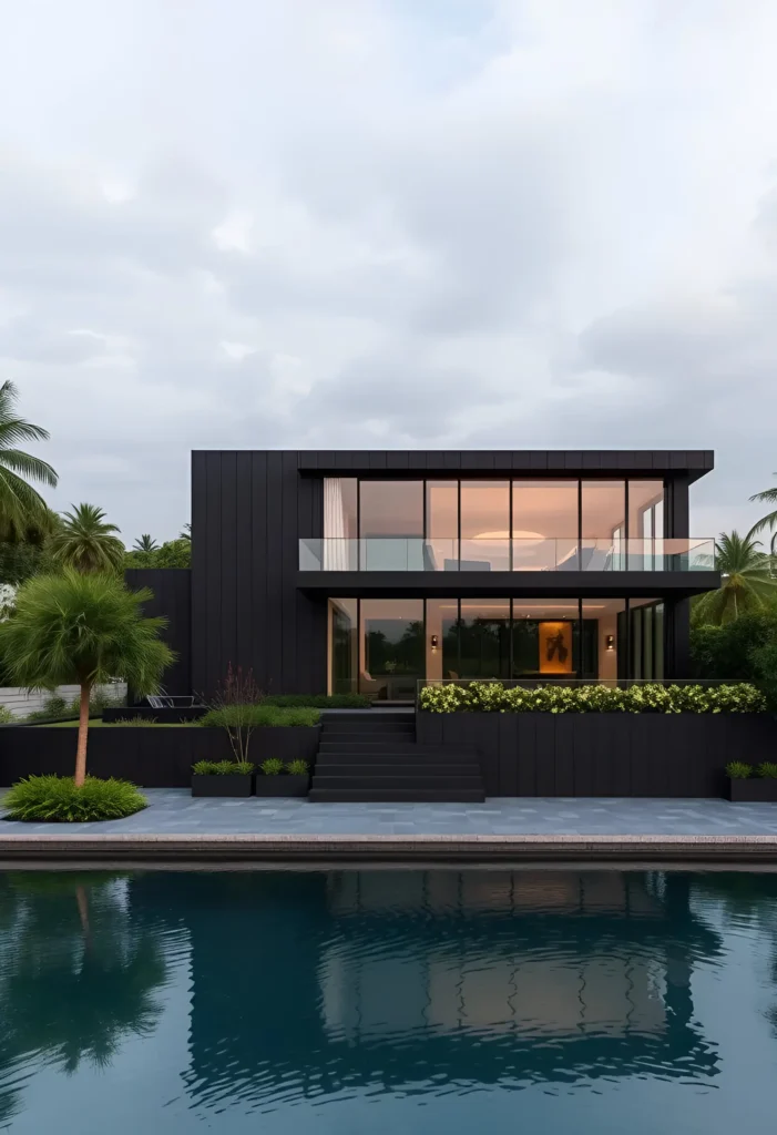 Minimalist black modern house with glass walls, lush greenery, and a reflective pool showcasing its bold and symmetrical design.