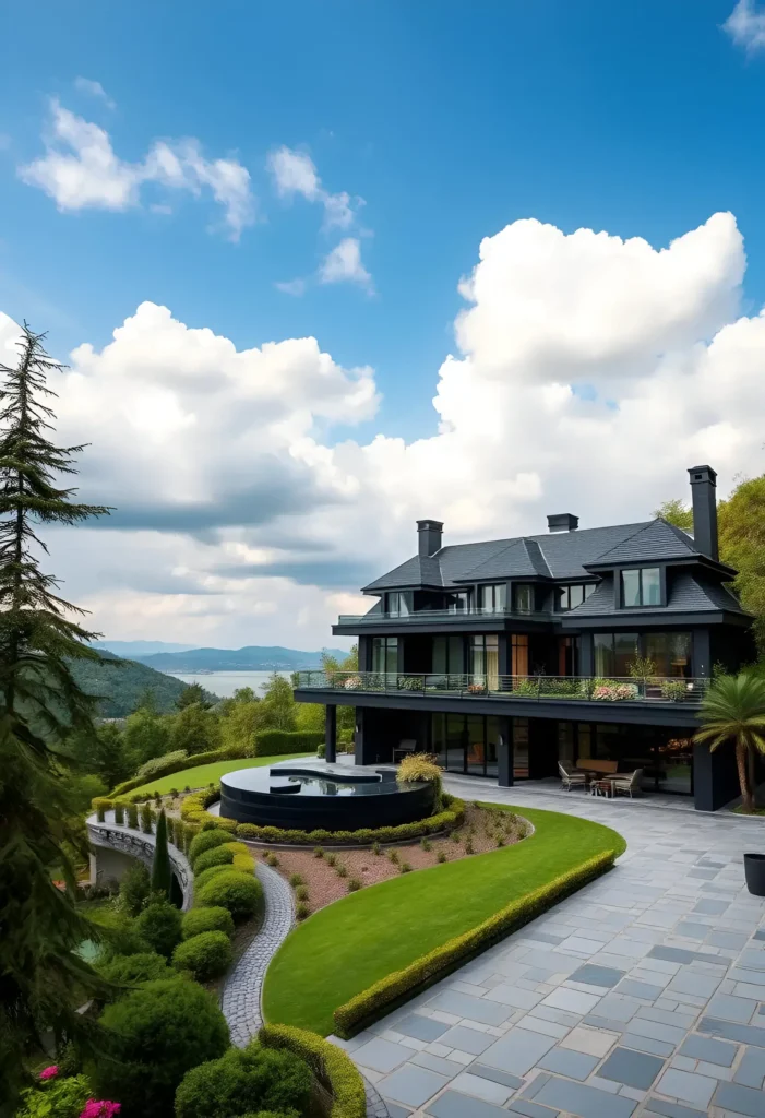 Black modern house on a hillside with terraces, large windows, and manicured landscaping overlooking stunning lake views.