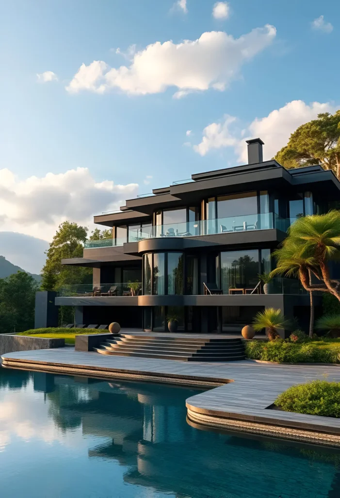 Black modern house with curved terraces, large glass walls, and lakeside views under a serene blue sky.