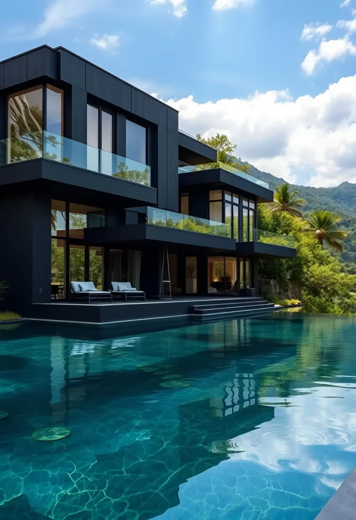 Modern black house with glass balconies, sleek terraces, and an infinity pool reflecting a scenic mountain backdrop.