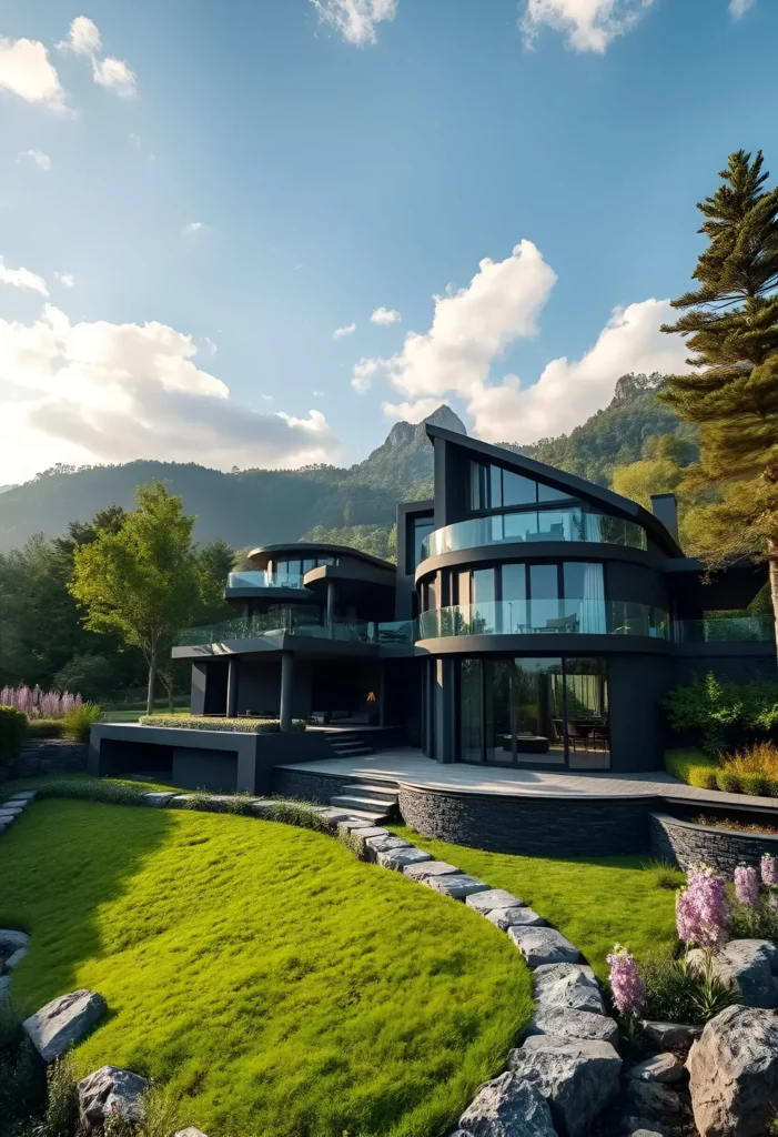 Black modern house with curving glass facades, angular rooflines, and tiered green landscaping set against a mountain backdrop.