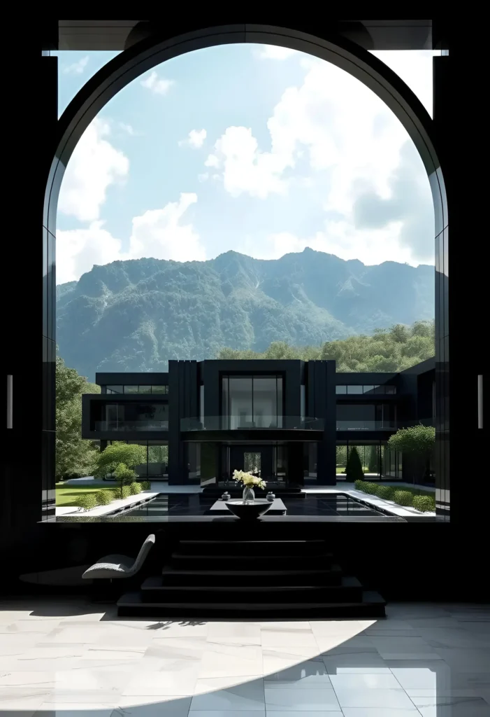 Arched window showcasing a black modern house with a mountain backdrop, elegant marble floors, and a serene outdoor setting.