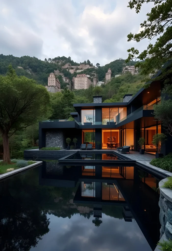 Modern black house with a reflective pool surrounded by lush greenery and majestic hillside estates in the background.