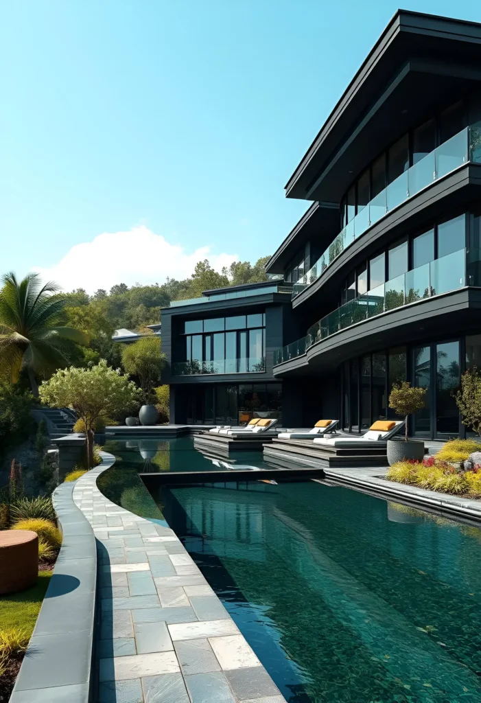 Black modern house with curved architecture, glass balconies, and a serene poolside area surrounded by lush greenery.