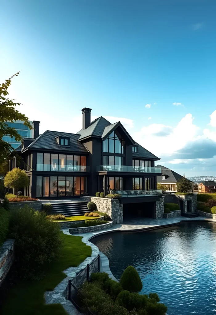 Black modern house with stone accents, large glass windows, and a tranquil water feature in a landscaped garden.