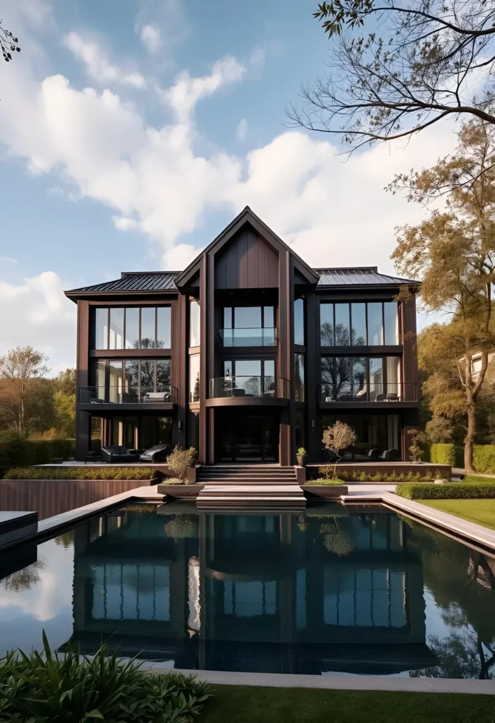 Symmetrical black modern house with tall gables, large glass panels, and a reflective pool in a landscaped garden.