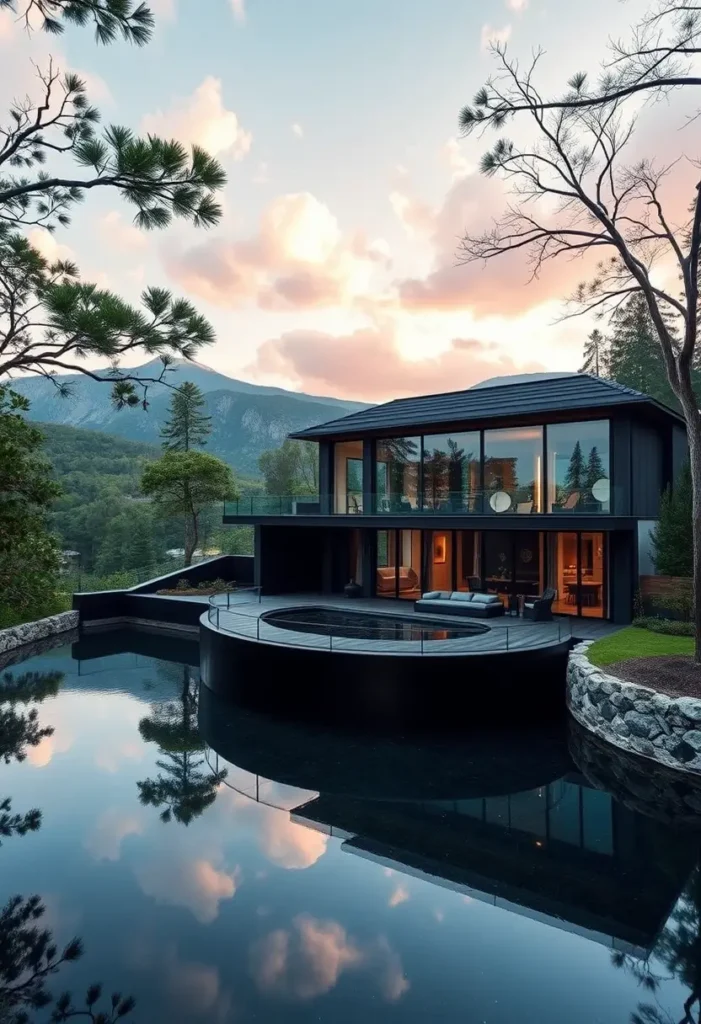 Black modern house with a circular infinity pool, surrounded by mountains and reflecting a stunning sunset sky.