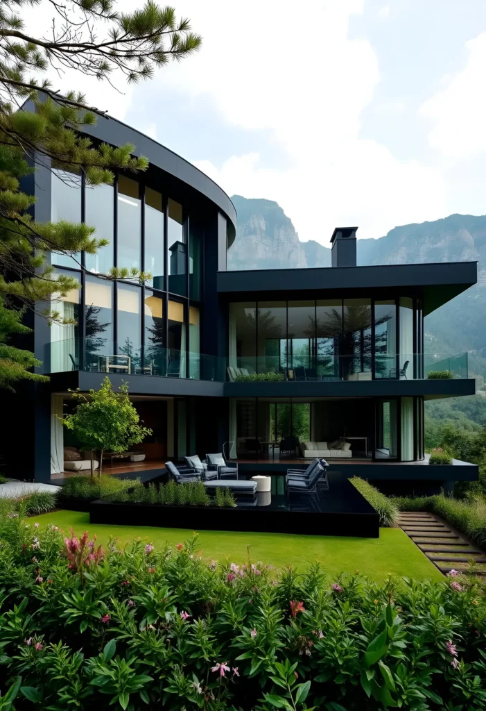 Black modern house with curved architecture, surrounded by lush gardens and vibrant flowerbeds, featuring large glass panels and an outdoor lounge.