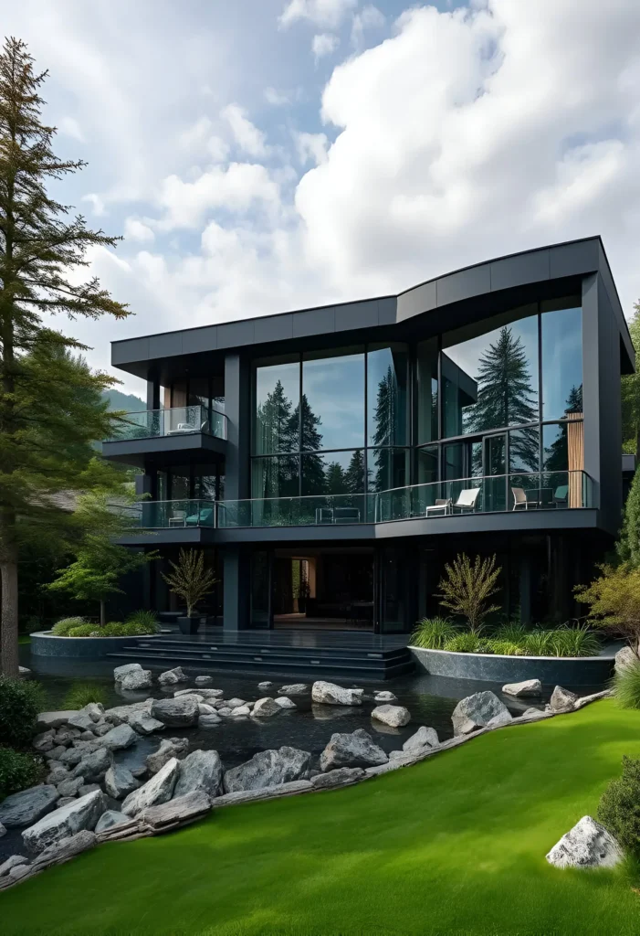 Black modern house with floor-to-ceiling glass windows, a landscaped rock garden, and a lush green lawn blending seamlessly into nature.