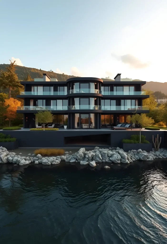 Modern black house with curved balconies, glass panels, and stone landscaping along a waterfront setting.